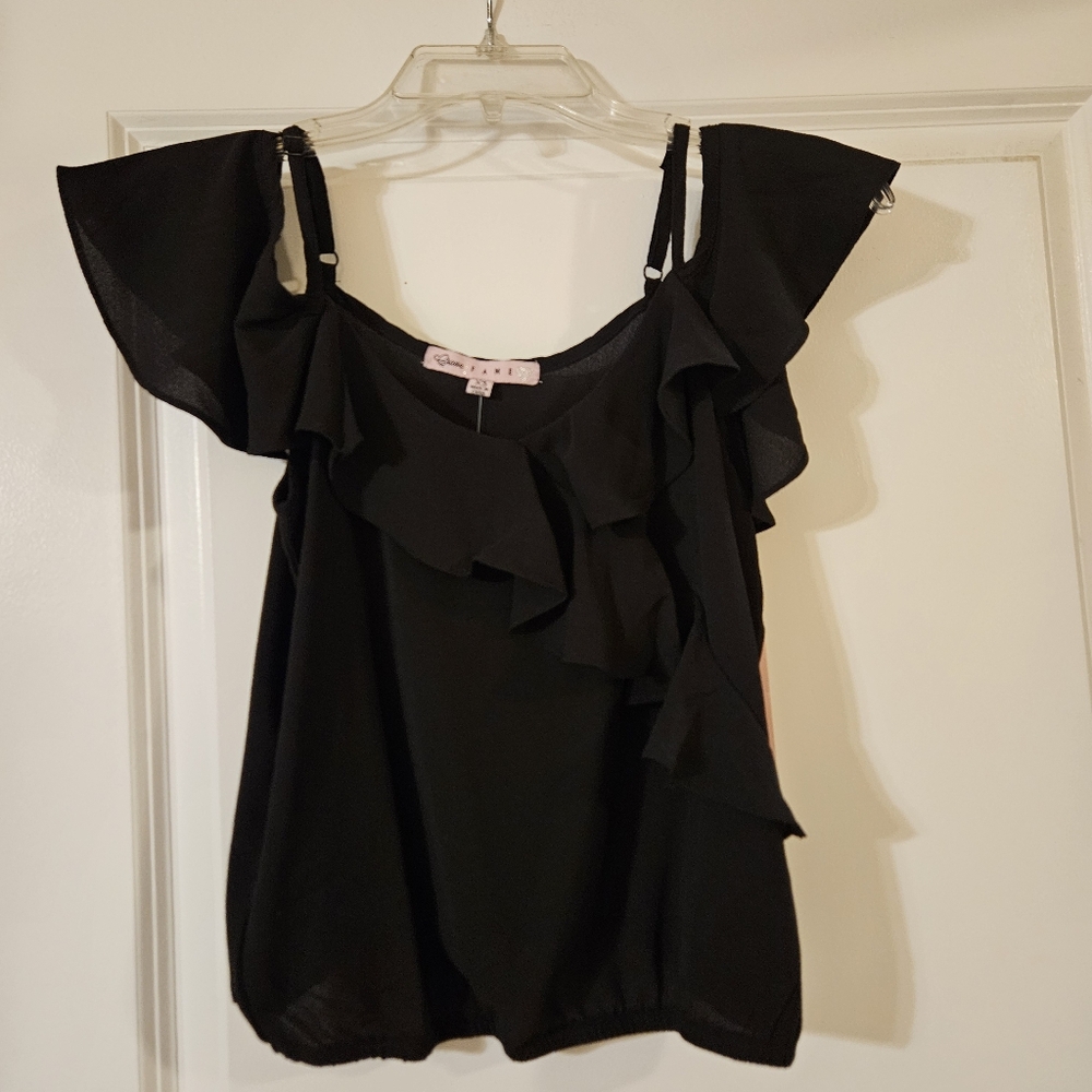 Crave Fame Ruffled Off The Shoulder Black Ruffle Top, XS